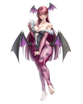 1girl absurdres animal_print bat_print bat_wings black_leotard black_nails breasts collarbone commentary cosplay darkstalkers english_commentary feet girls&#039;_frontline head_wings highres large_breasts leotard long_hair looking_at_viewer low_wings morrigan_aensland morrigan_aensland_(cosplay) open_mouth pantyhose park_ppaeng_i pink_pantyhose purple_hair red_eyes simple_background solo stirrup_legwear toeless_legwear toes wa2000_(girls&#039;_frontline) white_background wings