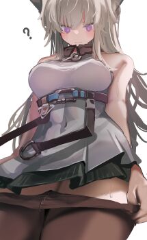 1girl ? absurdres alternate_eye_color animal_ears arknights arknights:_endfield bare_shoulders bird_ears bird_girl black_pantyhose breasts commentary_request covered_navel dress highres large_breasts long_hair looking_at_viewer pantyhose perlica_(arknights) purple_eyes removing_pantyhose simple_background sleeveless solo standing sweat taiiiyakiii undressing white_background white_dress