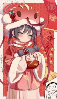 &gt;:( 1girl :p absurdres alternate_costume alternate_hairstyle bikini black_hair blue_archive blush braid butterfly_hair_ornament butterfly_hat_ornament camera china_dress chinese_clothes chinese_commentary chinese_zodiac closed_mouth commentary_request cowboy_shot doll doodle_sensei_(blue_archive) double_bun dragon_print dress eyelashes eyes_visible_through_hair food-themed_hat frilled_thigh_strap fur-trimmed_dress fur_trim grey_eyes grey_halo hair_between_eyes hair_bun hair_ornament halo hat hat_ornament highres holding holding_camera holding_doll kisaki_(blue_archive) long_sleeves medium_hair new_year outside_border pom_pom_(clothes) print_dress print_shirt red_background red_dress red_hat santa_costume santa_dress santa_hat sensei_(blue_archive) shirt sidelocks signature simple_background smile solo souvenir_doll_(blue_archive) split_mouth spoken_character swimsuit tearing_up thigh_strap tongue tongue_out tsurime twin_braids twintails v-shaped_eyebrows white_bikini wide_sleeves year_of_the_snake yyfuu