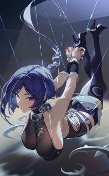 1girl absurdres arms_behind_back bare_shoulders blue_hair blue_nails boots bound bound_wrists breasts commentary_request hanging_breasts high_heels highres large_breasts long_hair low-tied_long_hair ninebell o-ring parted_lips promeia_(zenless_zone_zero) purple_eyes sideboob suspension thigh_boots very_long_hair zenless_zone_zero