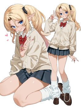 1girl absurdres black_scrunchie black_skirt blonde_hair blue_eyes blush bow bowtie breasts brown_jacket brown_shoes commentary_request elf enjo_kouhai full_body grin hair_between_eyes hair_ornament hair_scrunchie hand_up heart highres iris_(takunomi) jacket long_hair long_sleeves looking_at_viewer miniskirt pleated_skirt pointy_ears ponytail red_bow red_bowtie scrunchie shirt shoes simple_background skirt smile solo sweatdrop takunomi teeth w white_background