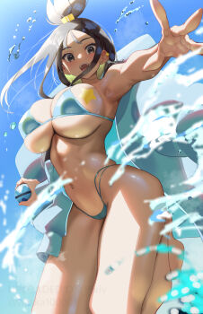 1girl aqua_bikini aqua_hoodie armpits bikini black_eyes black_hair blue_sky blush breast_tattoo breasts commentary day dive_ball haska_(user_gure4787) highres holding holding_poke_ball hood hoodie lida_(pokemon) looking_at_viewer medium_hair navel nintendo open_mouth poke_ball pokemon pokemon_legends:_z-a sky smile solo star_(symbol) star_in_eye star_tattoo stomach swimsuit symbol_in_eye tattoo thighs topknot twitter_username
