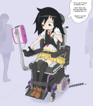 1girl ampu-cute bags_under_eyes black_hair black_thighhighs brown_shoes english_text feet_together full_body green_eyes hair_between_eyes highres kuroki_tomoko legs looking_down medium_hair necktie open_mouth people red_necktie school_uniform shirt shoes short_sleeves sitting sitting_in_wheelchair skirt speech_bubble strapped_down thighhighs thighs watashi_ga_motenai_no_wa_dou_kangaetemo_omaera_ga_warui! wheelchair white_shirt yellow_skirt