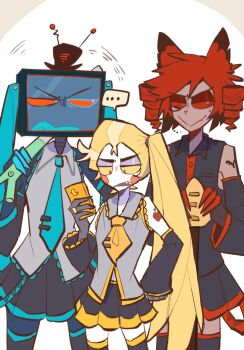 3boys akita_neru akita_neru_(cosplay) alastor_(hazbin_hotel) animal_ears aqua_hair bare_shoulders black_hands black_sleeves blonde_hair blue_teeth blush_stickers cellphone circle_facial_mark collared_shirt colored_extremities colored_sclera colored_skin colored_teeth cosplay deer_boy deer_ears demon_boy detached_sleeves drill_hair hair_between_eyes hashtag-only_commentary hat hatsune_miku hatsune_miku_(cosplay) hazbin_hotel hellaverse highres holding holding_phone kasane_teto kasane_teto_(cosplay) long_hair lucifer_morningstar_(hazbin_hotel) male_focus mini_hat mini_top_hat monocle multiple_boys necktie object_head phone red_eyes red_hair red_sclera red_trim sharp_teeth shirt short_hair side_ponytail simple_background skirt smile spring_onion teeth television tianjie_wutong_shu tie_clip top_hat triple_baka_(vocaloid) twin_drills twintails utau very_long_hair vocaloid vox_(hazbin_hotel) white_background wi-fi_symbol yellow_necktie yellow_sclera yellow_trim