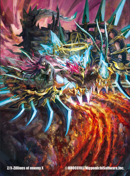 Rule 34 | 1girl, almotaher (z/x), blue eyes, coat, copyright name, copyright notice, glowing, glowing eyes, green coat, hand on own arm, kamiyugi yachiyo, kurodra, long hair, monster, official art, pink eyes, purple hair, tail, z/x