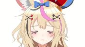 1girl :d animal_ears animated blonde_hair blue_bow bow closed_eyes commentary facial_mark fingers_to_cheeks fox_ears gloves hair_bow hair_ornament hat head_tilt heart heart-shaped_pupils hololive jester_cap kay_yu multicolored_hair omaru_polka omaru_polka_(1st_costume) open_mouth pink_hair portrait purple_eyes red_gloves single_glove smile solo sound streaked_hair streamer_audio symbol-shaped_pupils tilted_headwear video virtual_youtuber white_background x_hair_ornament