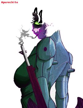 Rule 34 | 1girl, android, blending, blood, blood on face, breasts, cigarette, colored sclera, colored shadow, colored skin, commentary, cyberpunk, dithering, english commentary, from side, glowing, glowing eyes, green sclera, gun, highres, light smile, marie (peripeteia), medium breasts, outline, peripeteia, pink outline, pixel art, purechito, purple skin, rifle, science fiction, shade, shadow, short hair, sidelighting, simple background, smile, smoke, smoking, smoking barrel, solo, torso, twitter username, upper body, weapon, white background