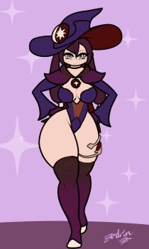 1girl adapted_costume animated animated_gif black_thighhighs bouncing_breasts breasts cleavage closed_mouth detached_sleeves full_body genshin_impact gloves grey_eyes hands_on_own_hips hat high_heels large_breasts leotard long_hair long_sleeves looking_at_viewer mona_(genshin_impact) purple_background purple_hair purple_leotard purple_theme simple_background solo star_(symbol) thick_thighs thighhighs thighs walking wide_hips witch_hat zedrin