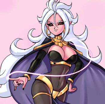android_21 black_sclera bodystocking breasts cape cleavage cleft_of_venus colored_sclera colored_skin cosplay dragon_ball dragon_ball_fighterz earrings gold_earrings highres hoop_earrings jewelry large_breasts loincloth majin_android_21 navel pink_skin pointy_ears red_eyes teevo tharja_(fire_emblem)_(cosplay) white_hair