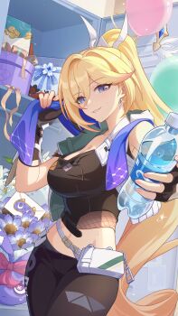 1girl absurdres balloon black_gloves black_pants blonde_hair blue_eyes bottle bouquet box breasts chinese_commentary cleavage commentary_request durandal_(honkai_impact) earrings fingerless_gloves flower gift gift_box gloves hair_between_eyes hand_up high_ponytail highres holding holding_bottle holding_towel honkai_(series) honkai_impact_3rd indoors jewelry large_breasts long_hair looking_at_viewer official_art pants parted_lips ponytail purple_flower smile solo standing towel towel_around_neck very_long_hair