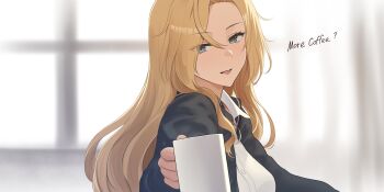 1girl blonde_hair blue_eyes blue_jacket bomber_jacket collared_shirt commentary cup english_commentary english_text grey_eyes highres holding holding_cup hornet_(kancolle) indoors jacket kantai_collection long_hair looking_at_viewer necktie odachu open_mouth shirt upper_body white_shirt