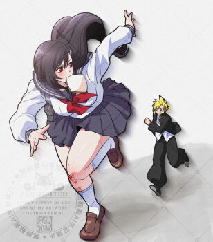 1boy 1girl bandaid bandaid_on_cheek bandaid_on_face black_hair black_jacket black_pants blonde_hair blue_eyes blue_sailor_collar blue_skirt blush bread bread_slice breasts brown_shoes cloud_strife cloud_strife_(midgard_seventh_high_school) commentary_request final_fantasy final_fantasy_vii final_fantasy_vii:_ever_crisis floating_hair food food_in_mouth full_body gakuran grey_background hair_ornament hairclip jacket kneehighs long_hair long_sleeves looking_at_another looking_back low-tied_long_hair miniskirt neckerchief official_alternate_costume open_clothes open_jacket pants pleated_skirt red_eyes red_neckerchief running sailor_collar school_uniform serafuku shikiwo shirt shoes short_hair skirt socks spiked_hair tifa_lockhart tifa_lockhart_(midgard_seventh_high_school) white_serafuku white_shirt white_socks