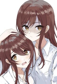 2girls 55rstomdn1qqj6x brown_hair closed_mouth collared_shirt dress_shirt empty_eyes glaring hair_between_eyes hand_on_another's_head highres idolmaster idolmaster_shiny_colors long_hair multiple_girls osaki_amana osaki_tenka shaded_face shirt siblings sideways_glance simple_background sisters white_background white_shirt yellow_eyes