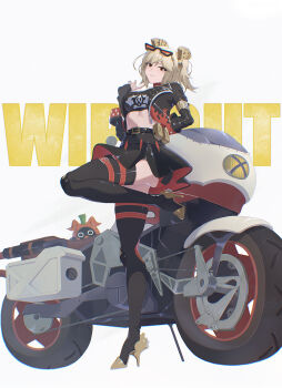 1girl bangboo_(zenless_zone_zero) belt belt_buckle black_belt black_jacket black_skirt black_thighhighs black_tube_top blonde_hair breasts buckle burnice_white closed_mouth crop_top eyewear_on_head full_body hand_up high-waist_skirt high_heels highres jacket large_breasts long_sleeves looking_at_viewer midriff miniskirt motor_vehicle motorcycle open_clothes open_jacket red_eyes red_moccus_(zenless_zone_zero) shoes short_hair skirt solo_focus standing standing_on_one_leg strapless sunglasses thighhighs thorn_(kmconceptart) tube_top white_background yellow_shoes zenless_zone_zero zzz_wipeout