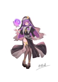 1girl 2091966 absurdres alternate_costume artist_name belt black_bow black_dress black_veil block_heels blunt_bangs blush book bow brown_thighhighs chinese_commentary closed_mouth commentary_request crescent_ornament cross cross_necklace cross_print dress floating floating_book floating_object full_body guimpe hair_bow hand_up highres indoors jewelry juliet_sleeves legs_together long_dress long_hair long_sleeves looking_at_viewer necklace nun patchouli_knowledge pelvic_curtain puffy_sleeves purple_eyes purple_hair side_slit sidelocks simple_background sleeve_cuffs solo standing thighhighs touhou veil white_background white_belt white_bow