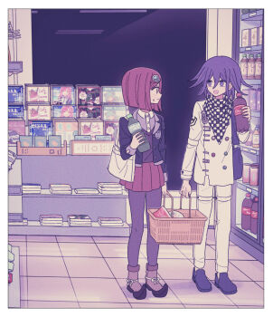 1boy 1girl basket black_jacket border bottle brown_vest buttons checkered_clothes checkered_scarf collared_jacket collared_shirt commentary_request convenience_store danganronpa_(series) danganronpa_v3:_killing_harmony flipped_hair full_body gem_hair_ornament hair_between_eyes hair_ornament highres holding holding_basket indoors jacket long_sleeves looking_at_another magazine_(object) multicolored_buttons oma_kokichi open_mouth pants pantyhose pleated_skirt pointy_boots purple_eyes purple_hair red_eyes red_hair red_skirt refrigerator scarf school_uniform shirt shop shopping shopping_basket short_hair skirt smile soda_bottle standing tile_floor tiles two-tone_scarf vest white_border xiao_(grsnss25) yumeno_himiko