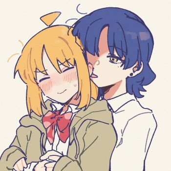 2girls absurdres ahoge blonde_hair blue_hair blush bocchi_the_rock! bow bowtie closed_eyes collared_shirt detached_ahoge dress_shirt earrings green_jacket highres hug hug_from_behind ijichi_nijika jacket jewelry multiple_girls open_clothes open_jacket red_bow red_bowtie shirt short_hair simple_background stud_earrings tenrouza_ray upper_body whispering white_background white_shirt yamada_ryo yuri