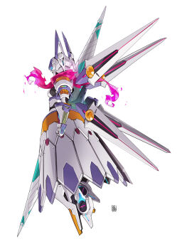 Rule 34 | 1girl, artoria pendragon (fate), blue eyes, clenched hand, dated, dress, fate/grand order, fate (series), floating, glowing, glowing eye, holding, holding lance, holding polearm, holding weapon, lance, mecha, mysterious heroine x (fate), mysterious heroine xx (fate), mysterious heroine xx (first ascension) (fate), pink scarf, polearm, robot, scarf, signature, simple background, solo, weapon, white background, yd (orange maru)