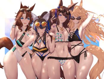 4girls :p animal_ears arm_behind_back arm_up armpits bikini black_bikini blue_eyes blue_hair blush bracelet breasts brown_hair cleavage closed_mouth commentary_request cowboy_shot daitaku_helios_(umamusume) eyewear_on_head gold_city_(umamusume) gsk_(umamusume) gyaru highres horse_ears horse_girl horse_tail jewelry large_breasts leaning_forward long_hair looking_at_viewer mejiro_palmer_(umamusume) multicolored_hair multiple_girls navel necklace one_eye_closed parted_lips polka_dot polka_dot_bikini revision shiroshisu smile streaked_hair sunglasses swimsuit tail thighs tongue tongue_out tosen_jordan_(umamusume) umamusume white_hair yellow_eyes