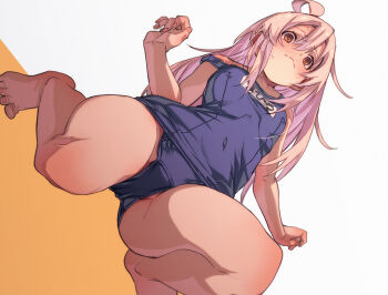 Rule 34 | 1girl, barefoot, blue one-piece swimsuit, blush, breasts, brown eyes, closed mouth, commentary request, covered navel, from below, fu-ta, genderswap, genderswap (mtf), grey background, long hair, looking at viewer, name tag, one-piece swimsuit, onii-chan wa oshimai!, orange background, oyama mahiro, school swimsuit, small breasts, solo, swimsuit, thighs, toenails, toes, two-tone background