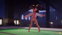 1girl 3d animated artist_name audible_music bare_legs barefoot black_hair bow brown_eyes claw_pose clenched_teeth dark-skinned_female dark_skin feet female_focus flat_chest full_body fundoshi highres holding holding_poke_ball iris_(pokemon) japanese_clothes kitrosun legs_apart loli looping_animation nintendo no_pants outstretched_arms pink_bow poke_ball poke_ball_(basic) pokemon pokemon_bw roaring smile solo sound spread_arms standing teeth toes tongue tongue_out uncensored video