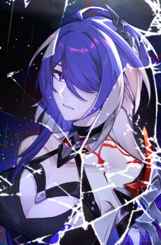 1girl acheron_(honkai:_star_rail) ahoge armor breasts choker cleavage colored_skin commentary crack crop_top diamond-shaped_pupils diamond_(shape) english_commentary hair_ornament hair_over_one_eye highres honkai:_star_rail honkai_(series) large_breasts long_bangs long_hair looking_at_viewer open_clothes parted_lips purple_hair pyrrhin red_skin shoulder_armor single_bare_shoulder strap symbol-shaped_pupils upper_body very_long_hair white_hair