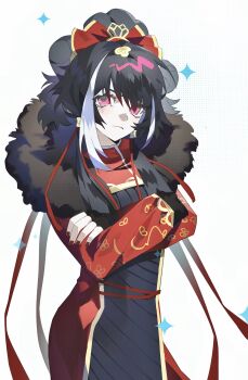 1girl black_dress china_dress chinese_clothes cowboy_shot crossed_arms dress gala9960 hair_ribbon head_tilt highres jia_xichun_(project_moon) limbus_company multicolored_hair pink_eyes project_moon ribbon white_background