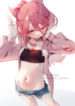 1girl artist_name bandeau blue_shorts blush breasts choker closed_mouth collarbone denim denim_shorts hair_between_eyes hands_up highres jacket kani_fish kemono_jihen long_hair long_sleeves looking_at_viewer midriff navel open_clothes open_jacket pink_eyes pink_hair pink_jacket red_eyes shirt short_shorts shorts simple_background small_breasts smile solo standing stomach tademaru_aya underwear white_background