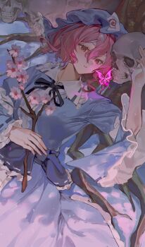 1girl absurdres black_ribbon blue_hat blue_kimono blue_sash branch bug butterfly cherry_blossoms commentary commentary_request ender_xiaohai expressionless flower frilled_shirt_collar frills hat highres holding holding_branch insect japanese_clothes kimono long_sleeves looking_at_viewer lying mob_cap on_back parted_lips partial_commentary pink_eyes pink_flower pink_hair ribbon ribbon-trimmed_collar ribbon-trimmed_sleeves ribbon_trim saigyouji_yuyuko sash short_hair skull solo touhou tree triangular_headpiece under_tree wide_sleeves