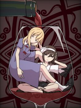 2girls alcohol ankle_socks black_boots black_bow black_shoes black_skirt blonde_hair boots bottle bow brown_background brown_hair collared_dress collared_shirt commentary_request contrast_collar cup dateless_bar_"old_adam" dress drinking_glass eyes_visible_through_hair frown hairband hand_on_own_head highres in_container in_cup indian_style iwoillust long_hair looking_at_viewer maribel_hearn medium_hair multiple_girls partially_submerged pouring purple_dress red_bow shirt shirt_tucked_in shoes short_sleeves sitting skirt socks touhou usami_renko white_hairband white_shirt white_socks wine wine_bottle wine_glass