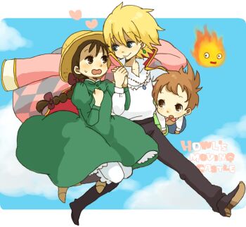 00s 1girl 2boys blonde_hair braid brown_hair calcifer dress fire green_dress hat howl howl_no_ugoku_shiro howl_pendragon jewelry markl multiple_boys necklace sophie sophie_hatter_(howl_no_ugoku_shiro) studio_ghibli yukke