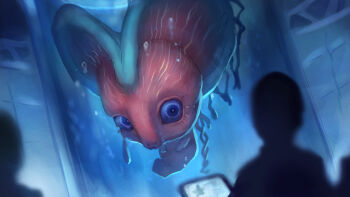 1other absurdres blue_eyes fecto_forgo fecto_forgo_(larva) highres kirby_(series) kirby_and_the_forgotten_land laboratory machine monster nintendo shiburingaru silhouette solo_focus spoilers star_(symbol) stasis_tank tablet_pc tube