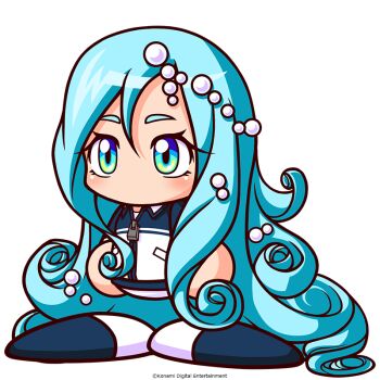 1girl aqua_hair artist_request awase_marina blue_shoes commentary_request copyright_notice curly_ends hair_between_eyes jacket jikkyou_powerful_pro_yakyuu jikkyou_powerful_pro_yakyuu_(style) long_hair manager multicolored_shoes no_mouth official_art pearl_hair_ornament power_pro_appli rayman_limbs shirt shoes solo track_jacket two-tone_shoes very_long_hair white_background white_shirt white_shoes