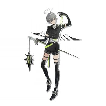 1boy arene_(arknights) arknights ball_and_chain_(weapon) bishounen black_boots black_gloves black_theme boots detached_wings elbow_gloves formal_clothes full_body gloves green_eyes grey_hair halo highres holding holding_staff looking_at_object male_focus official_art short_hair simple_background skinny solo staff standing tachi-e thigh_boots third-party_source transparent_background weapon wings yszx