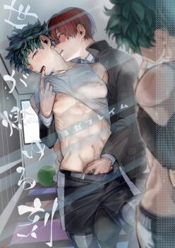 a_pka821 abs bare_hips blush boku_no_hero_academia bones_(company) clothes_lift formal_clothes freckles green_hair groin indoors inminent_sex legs male_masturbation masturbation messy_hair midoriya_izuku moaning multicolored_hair nipples pectorals red_hair saliva scat seatdrop shirt shirt_lift shorts shounen_jump suit sweat todoroki_shoto two-tone_hair underwear white_hair yaoi