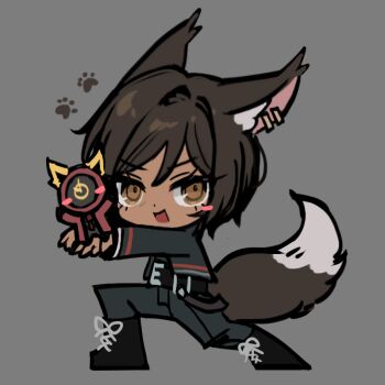Rule 34 | 1girl, 1other, animal ears, black boots, black jacket, black pants, blush stickers, boots, brown eyes, brown hair, commentary, dante (limbus company), dark-skinned female, dark skin, dated commentary, fiery ears, fox ears, fox tail, grey background, holding, holding mini person, jacket, kemonomimi mode, limbus company, mini person, necktie, official art, open mouth, outis (project moon), pants, project moon, red necktie, short hair, simple background, smile, symbol-only commentary, tail