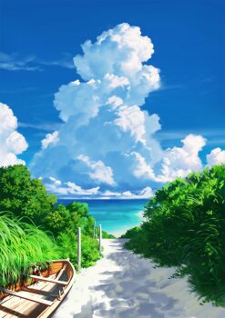 blue_sky boat bush cloud commentary_request cumulonimbus_cloud day fence_post grass highres horizon landscape mac_naut no_humans ocean original outdoors path road scenery sky summer vanishing_point watercraft