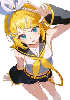 1girl absurdres aqua_eyes arm_warmers armpits bare_shoulders bass_clef belt black_sailor_collar blonde_hair bow breasts commentary_request hair_ornament hairclip headphones headset highres kagamine_rin korean_commentary looking_at_viewer lynnz neckerchief number_tattoo open_mouth parallel_hairclips sailor_collar short_hair simple_background small_breasts tattoo thighs treble_clef vocaloid w white_background white_bow yellow_belt yellow_nails yellow_neckerchief yellow_trim