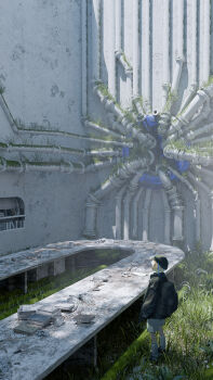 1girl absurdres backpack bag black_hat black_jacket black_shoes blender_(medium) book building closed_mouth cup grass hat highres industrial_pipe jacket long_sleeves m._(emudotto) original shoes shorts socks solo standing table white_hair white_shorts white_socks