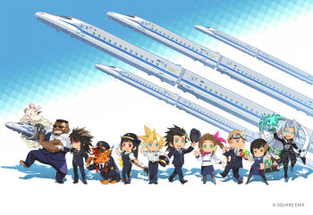 3girls 6+boys :< aerith_gainsborough arm_cannon barret_wallace black_coat black_hair blonde_hair blowing_whistle blue_eyes brown_hair cait_sith_(final_fantasy) central_japan_railway_company character_doll chibi chopsticks cid_highwind cloud_strife coat commentary_request dark-skinned_male dark_skin doll final_fantasy final_fantasy_vii final_fantasy_vii_remake full_body gloves goggles goggles_on_head grey_hair hat high-speed_train holding holding_unworn_clothes holding_unworn_hat jacket japan_railways locomotive maglev materia moogle multiple_boys multiple_girls multiple_unit_train official_alternate_costume official_art orange_fur pants peaked_cap pointing red_eyes red_hair red_xiii salute scarf sephiroth shinkansen shirt skirt spiked_hair square_enix standing straight-on sunglasses tifa_lockhart train train_attendant train_conductor travel_attendant unworn_hat unworn_headwear waving weapon whistle white_gloves white_hair yuffie_kisaragi zack_fair