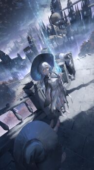 3d_background 3girls absurdres against_railing arm_at_side bandaged_foot bandaged_leg bandages black_cloak brooch building castle cathedral church cloak clock clock_tower closed_mouth cloud cloudy_sky commentary covered_face dome dress facing_away fantasy fog glowing glowing_windows grey_dress grey_hair grey_hat hair_between_eyes hair_ornament hand_on_ground hand_up hat highres jewelry light_frown light_particles long_dress long_hair looking_at_viewer magic mixed_media multiple_girls night night_sky original outdoors pine50 railing red_eyes shadow short_sleeves sitting sitting_on_stairs sky spire stairs standing star_(sky) tied_dress tiles torn_cloak torn_clothes torn_dress tower tree wide_brim window witch witch_hat