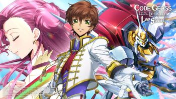 1boy 1girl blue_sky brown_hair closed_eyes cloud code_geass code_geass:_lost_stories commentary_request cropped_jacket day earrings epaulettes euphemia_li_britannia f4samurai flower from_side glint gloves gold_trim green_eyes hair_between_eyes hand_on_own_chest hand_up highres jacket jewelry kururugi_suzaku lancelot_(code_geass) lancelot_air_cavalry lens_flare light_particles long_hair long_sleeves looking_at_viewer mecha military_uniform official_art outdoors outstretched_arm parted_lips pink_flower pink_hair profile purple_shirt reaching reaching_towards_viewer red_vest robot shirt short_hair sidelocks sky smile standing tassel teeth u_u upper_body vest white_gloves white_jacket