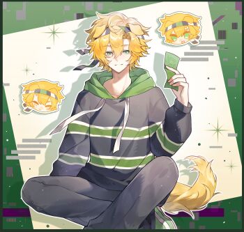 1boy animal_ears animification black_pants blonde_hair chibi chibi_inset chinese_commentary commentary_request dog_boy dog_ears dog_tail evbo green_eyes headband highres holding holding_money hood hoodie indian_style kemonomimi_mode looking_at_viewer male_focus minecraft_youtube money pants parkour_civilization sitting smile solo striped_clothes striped_headband striped_hoodie tail wohennanzhubo