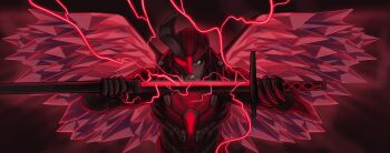 1girl absurdres angry armor battle black_horns bodysuit broken_helmet clenched_teeth corruption crystal crystal_wings dark-skinned_female dark_skin day_of_wrath_(infinitypilot) demon demon_girl demon_horns demon_wings doom_(2016) doom_(series) elite_guard_(doom) facing_viewer fanfic fantasy full_armor gem glowing glowing_armor glowing_eye glowing_eyes glowing_sword glowing_weapon green_eyes hazel_eyes hell helmet heterochromia highres holding holding_sword holding_weapon horns lightning looking_at_viewer mebi96862134 monster_girl mutation red_armor red_eyes red_gemstone ruby_taylor_(day_of_wrath) science_fiction soldier solo sword teeth vorpal_sword_(day_of_wrath) warrior weapon wings