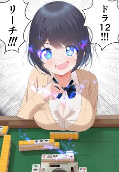 Rule 34 | 1girl, :d, absurdres, between breasts, black hair, blue eyes, bow, breasts, brown cardigan, cardigan, cleavage, collared shirt, commentary request, dress shirt, emphasis lines, fang, grey bow, hair between eyes, highres, large breasts, mahjong, mahjong table, mahjong tile, nekobaka, open mouth, original, plaid bow, shirt, smile, solo, table, tenbou, translation request, upper body, v-shaped eyebrows, white background, white shirt
