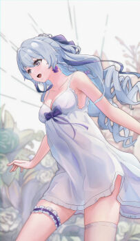 1girl absurdres babydoll black_thighhighs breasts bronya_zaychik bronya_zaychik_(silverwing:_n-ex) chinese_commentary commentary_request drill_hair earrings frilled_thigh_strap grey_eyes grey_hair highres honkai_(series) honkai_impact_3rd jewelry long_hair medium_breasts open_mouth single_thighhigh solo teeth thigh_strap thighhighs upper_teeth_only very_long_hair white_babydoll white_thighhighs zhiyingnianling