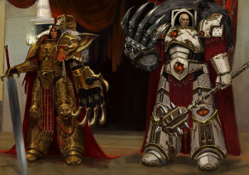 2boys absurdres armor artist_name bald black_hair boots breastplate cape chest_jewel clawed_gauntlets closed_mouth curtains emperor&#039;s_sword emperor_of_mankind eyes_of_horus_(warhammer_40k) father_and_son full_armor full_body fur_trim gauntlets gem ginjima gold_armor gold_trim gorget greaves highres holding holding_mace holding_sword holding_weapon horus_lupercal imperial_aquila imperium_of_man laurel_crown laurels long_hair looking_at_viewer luna_wolves mace multiple_boys orange_eyes ornate_armor pauldrons pelt power_armor power_sword primarch purity_seal shoulder_armor slit_pupils solo spiked_mace spikes standing storm_bolter sword terminator_armor warhammer_40k weapon white_armor