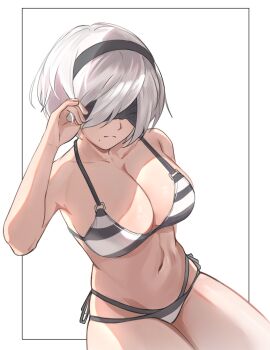 1girl 2b_(nier:automata) absurdres arm_up armpits bare_legs bare_shoulders bikini bolu06 breasts collarbone covered_eyes from_above headband highres large_breasts mole mole_under_mouth navel nier:automata nier_(series) short_hair simple_background solo swimsuit thick_thighs thighs white_background
