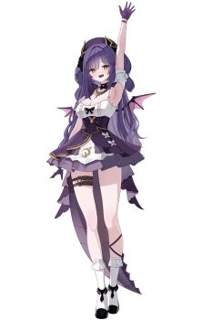 Rule 34 | 1girl, armpits, belt, black shoes, breasts, cleavage, commentary, dragon girl, dragon horns, dragon tail, dragon wings, gloves, highres, horns, large breasts, long hair, looking at viewer, odod1228, open mouth, purple gloves, purple hair, purple skirt, sakihane huya, shoes, simple background, skirt, smile, socks, solo, standing, stellive, tail, teeth, thigh belt, thigh strap, upper teeth only, very long hair, virtual youtuber, white background, white socks, wings, yellow eyes