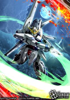 after_war_gundam_x aqua_eyes copyright_logo copyright_name copyright_notice energy_sword gundam gundam_card_game gundam_x holding holding_sword holding_weapon humanoid_robot logo mecha mobile_suit moon no_humans official_art robot sakusakusakurai science_fiction slashing solo sword v-fin weapon